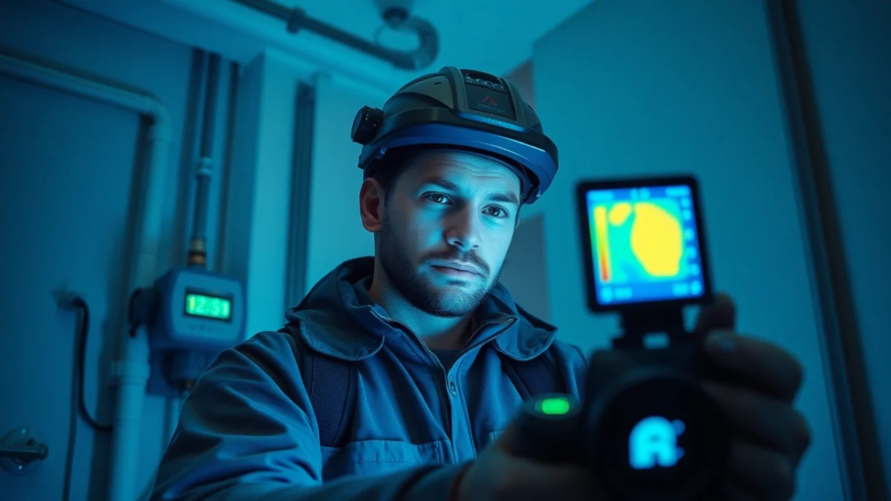 Water leak detection scene with technician using thermal imaging technology in a home.