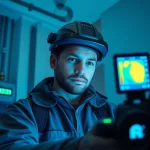 Water leak detection scene with technician using thermal imaging technology in a home.