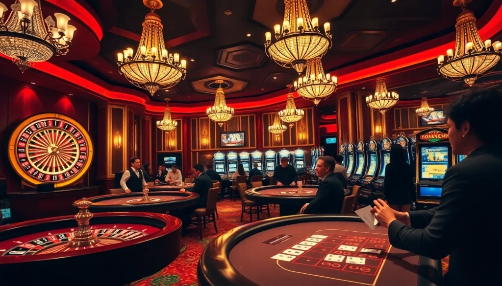 A vibrant casino scene showcasing excitement and luxury elements like roulette wheels, inviting gamblers to visit https://kwin.bio/ for top gaming action.