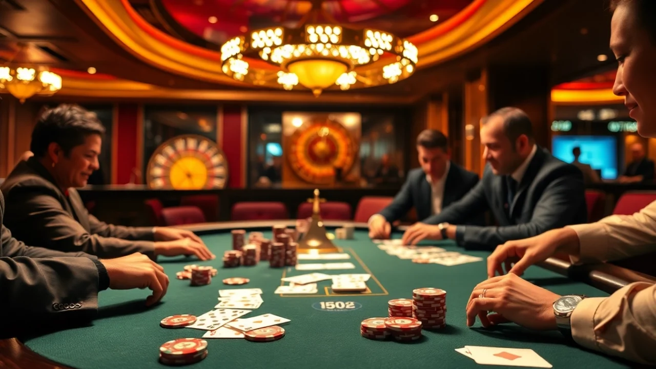 Players engaged in an intense poker game at Luckywin casino, featuring luxurious chips and cards.