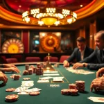 Players engaged in an intense poker game at Luckywin casino, featuring luxurious chips and cards.