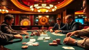 Players engaged in an intense poker game at Luckywin casino, featuring luxurious chips and cards.