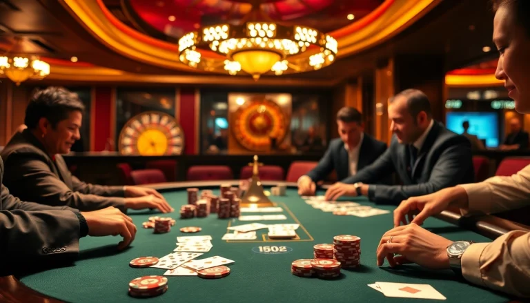 Players engaged in an intense poker game at Luckywin casino, featuring luxurious chips and cards.