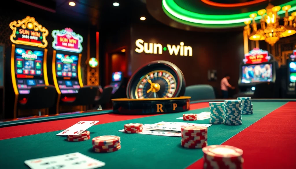 Experience the excitement of "sun win" at a luxurious casino table with vibrant poker chips and cards.