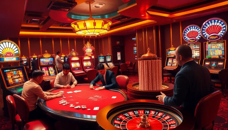 Experience thrilling action at u888hv.com with players engaged in poker and slot machines in a luxurious casino setting.