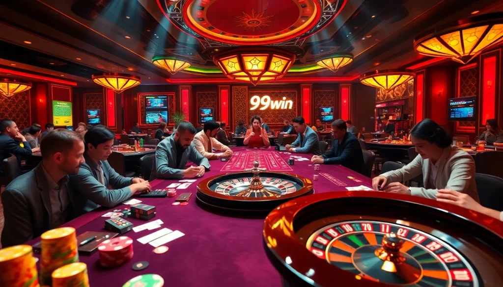 Witness thrilling poker gameplay at the 99win casino, featuring vibrant chips and cards in action.