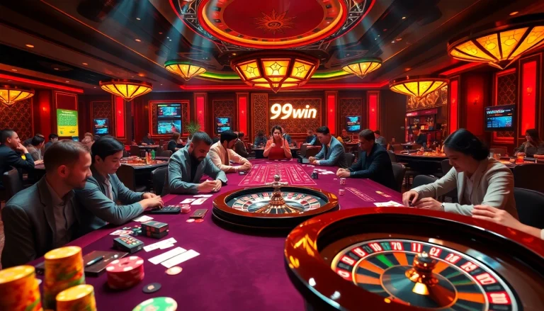 Witness thrilling poker gameplay at the 99win casino, featuring vibrant chips and cards in action.
