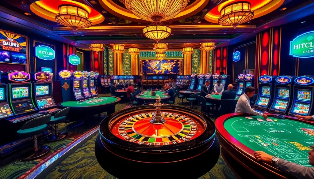 HITCLUB gaming excitement captured with roulette, blackjack, and vibrant slot machines.