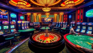 HITCLUB gaming excitement captured with roulette, blackjack, and vibrant slot machines.