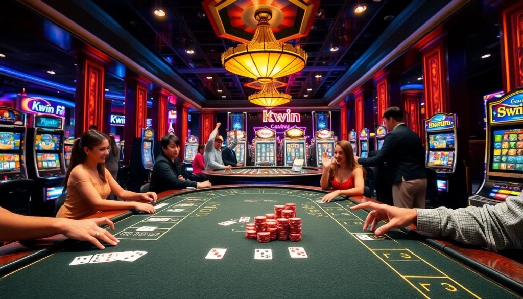 Experience high-stakes action at Kwin's casino tables with vibrant chips and cards.