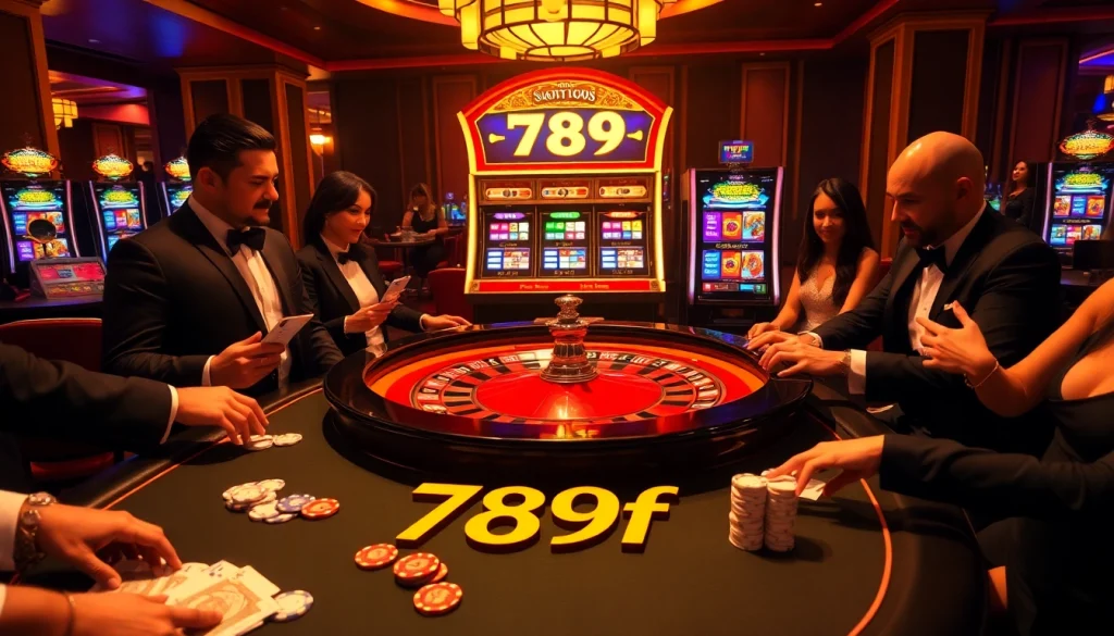 Exciting gamblers at a luxurious 789f casino table with poker chips and cards.