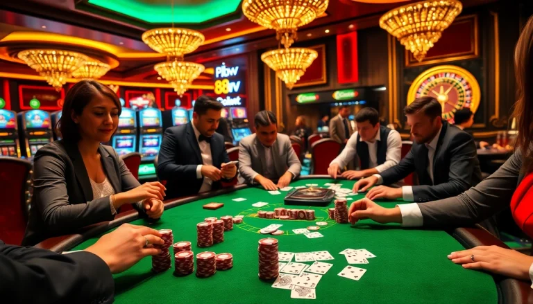 Poker game in a luxurious casino highlighting 88vv with vibrant colors and eager players.