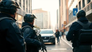 Personal security personnel monitoring a busy urban environment, showcasing professionalism and vigilance.