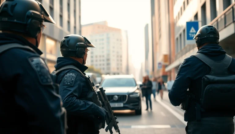 Personal security personnel monitoring a busy urban environment, showcasing professionalism and vigilance.