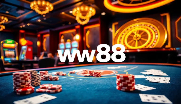 Engaging players enjoying high-stakes games at a luxurious ww88 casino table with chips and cards.