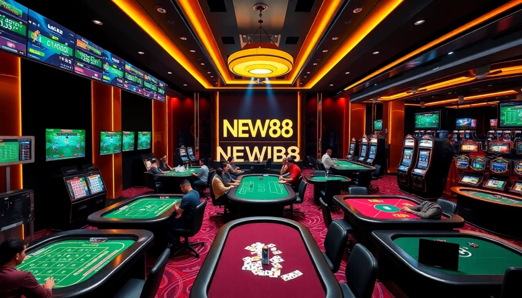 Experience NEW88's vibrant online gambling platform, showcasing an exciting casino atmosphere filled with diverse games.