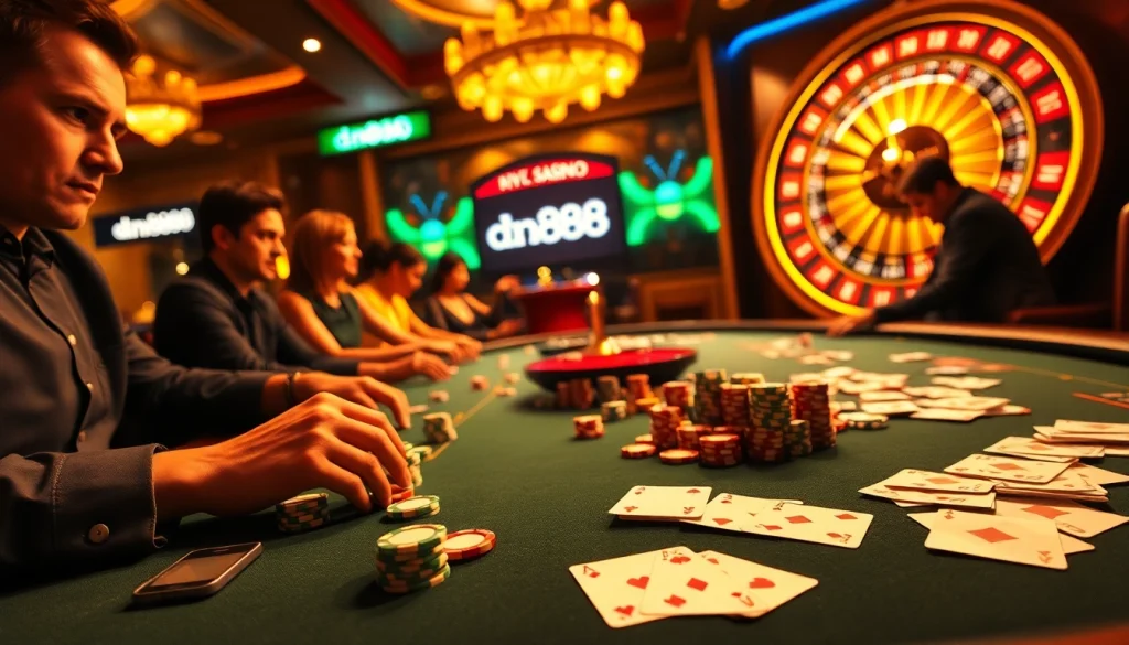 Players placing bets at a luxury casino table featuring dn888 poker chips.