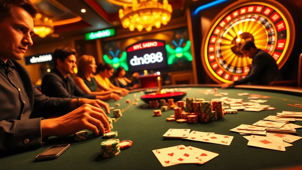 Players placing bets at a luxury casino table featuring dn888 poker chips.