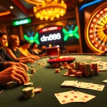 Players placing bets at a luxury casino table featuring dn888 poker chips.