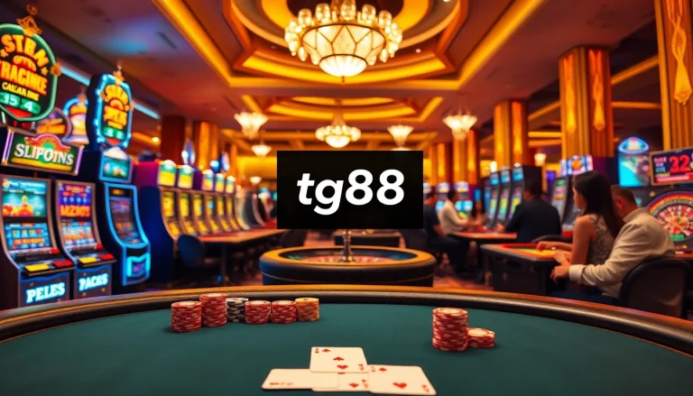 Experience the excitement of tg88 as players engage in vibrant casino games under luxurious lighting.