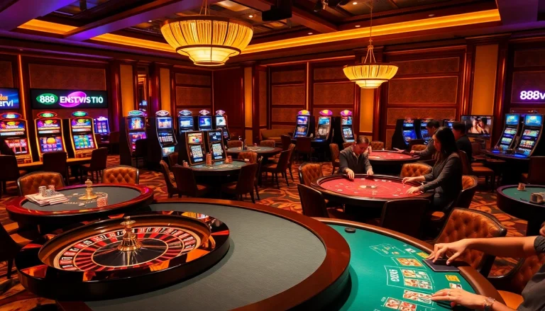 Experience the excitement of betting at 888vi casino tables with vibrant poker chips and roulette wheels.