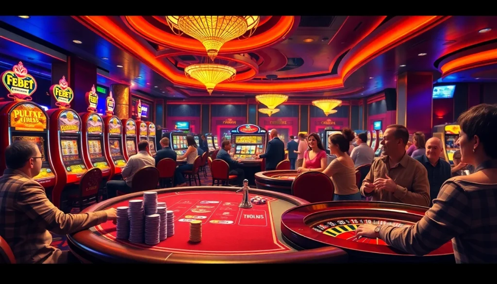 FEBET players engage in thrilling games at an exciting casino filled with vibrant slot machines and poker tables.