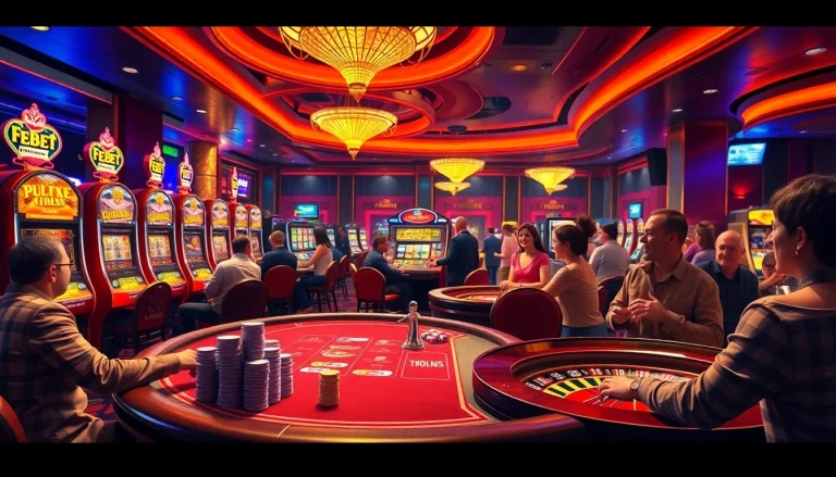 FEBET players engage in thrilling games at an exciting casino filled with vibrant slot machines and poker tables.