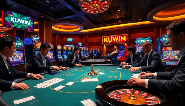 Kuwin players engaged in an exciting poker game at a vibrant casino table.