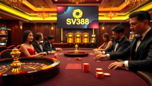Experience the excitement at nhà cái SV388 with upscale poker gameplay in a luxurious casino.