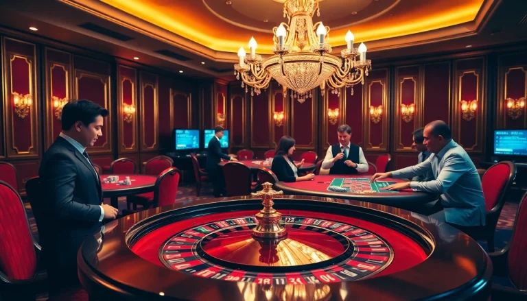 A vibrant casino scene at http://gk88t2.com/ showcasing roulette, poker, and engaging gamblers in an elegant setting.
