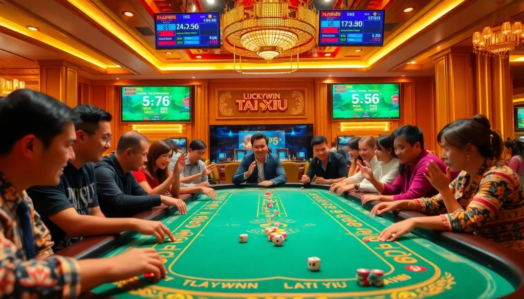 Players enjoying Luckywin tài xỉu at an elegant casino table, showcasing excitement and engagement.