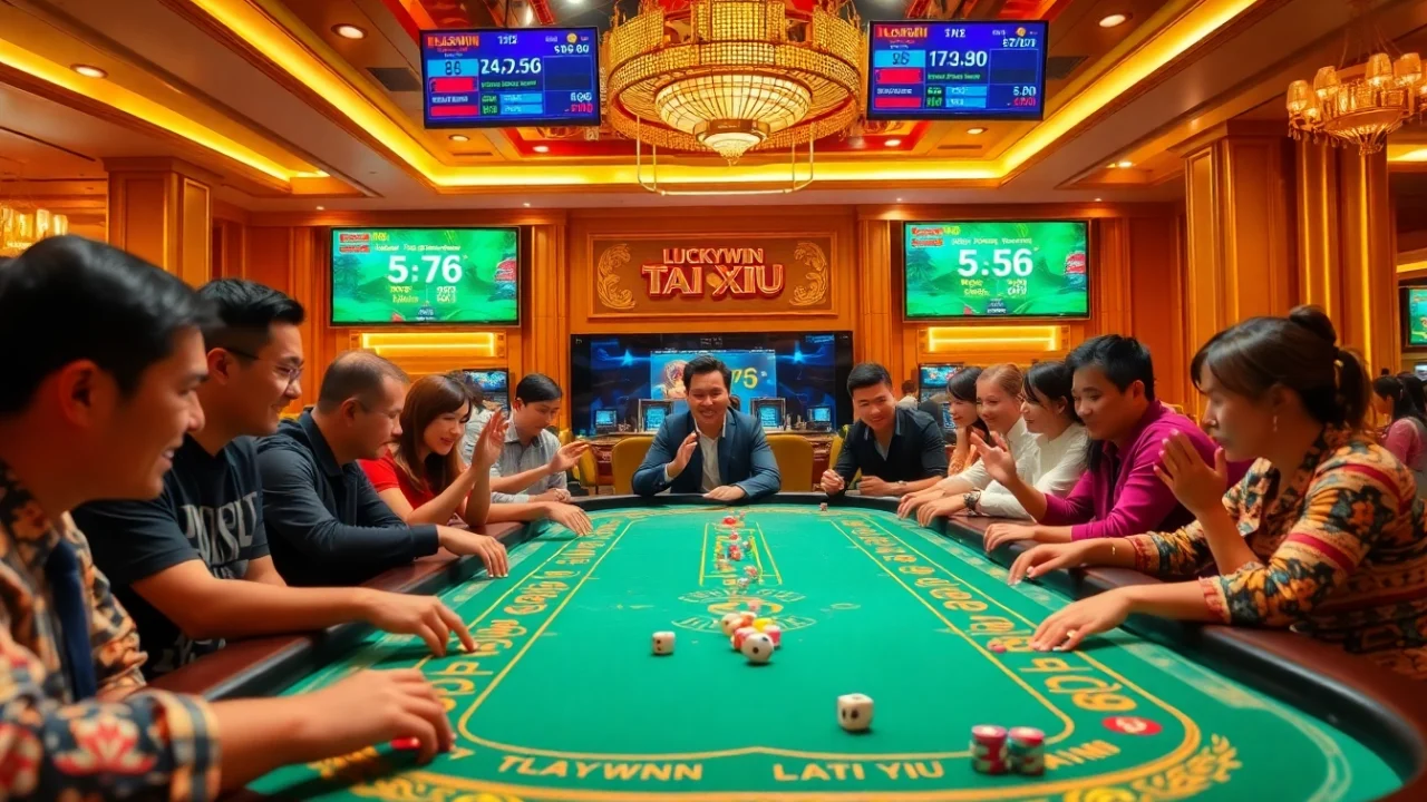 Players enjoying Luckywin tài xỉu at an elegant casino table, showcasing excitement and engagement.