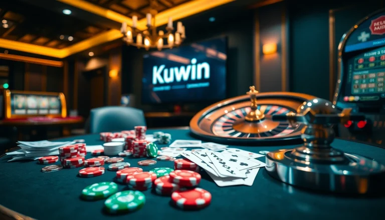 Kuwin casino scene showcasing vibrant poker chips and a roulette wheel in action.
