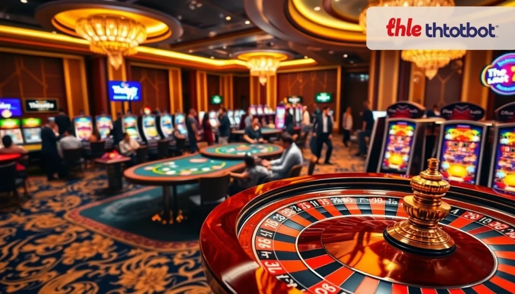 Players enjoying the thrill of gambling at the thabet77 casino, featuring poker tables and slot machines.
