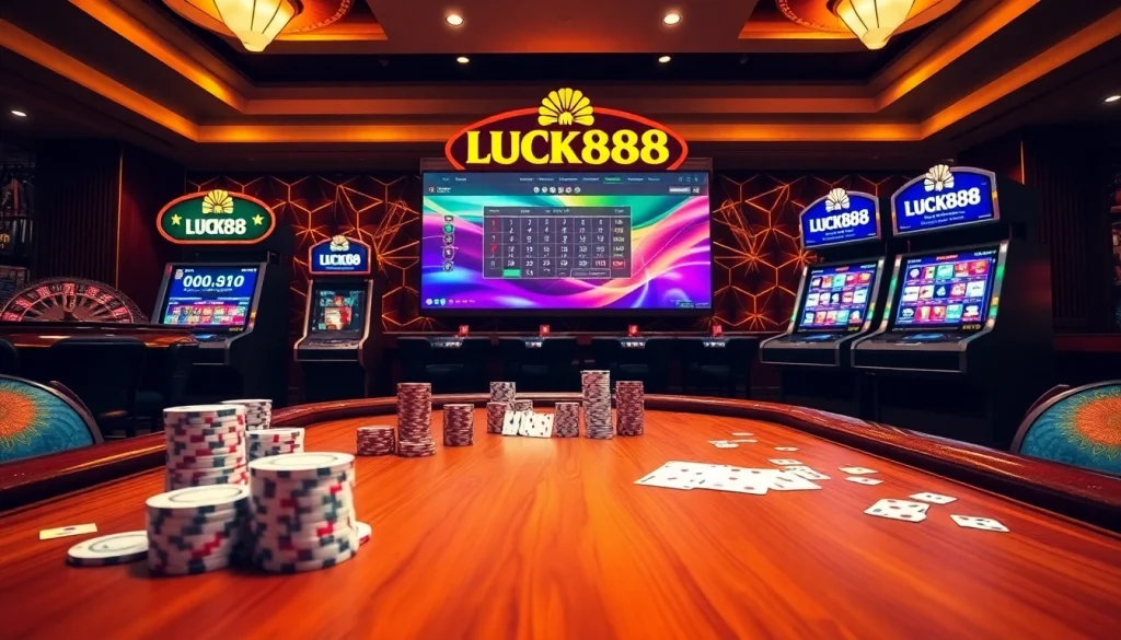 Engage in thrilling gameplay at LUCK888 with poker chips, cards, and vibrant slot machines.