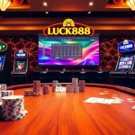 Engage in thrilling gameplay at LUCK888 with poker chips, cards, and vibrant slot machines.