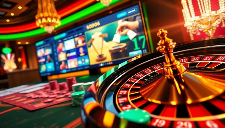 SODO66 roulette wheel and vibrant gambling interface with poker chips in a luxurious casino