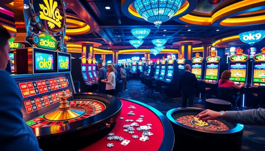 Experience the thrill of gaming at ok9 with vibrant casino tables, slot machines, and eager players.