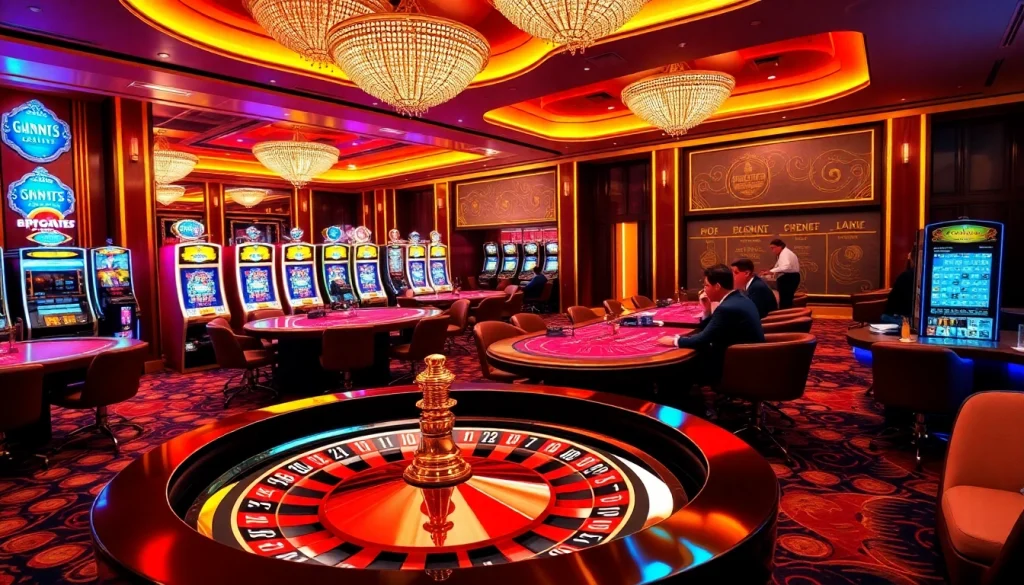 View of a lively casino at https://s8onl.com/ with a roulette wheel and engaged players enjoying games.