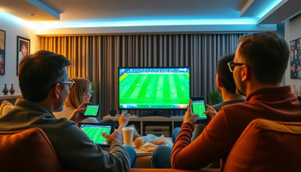 Excited viewers enjoying sports streaming on joemadfan.com in a cozy living room setting.