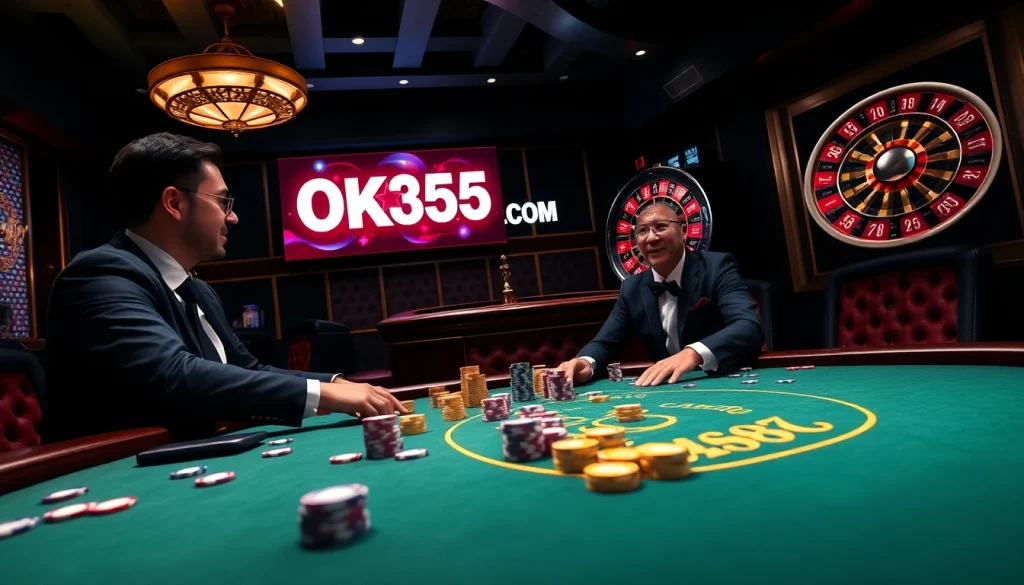 Experience the luxury of high-stakes poker at OK365 COM with vibrant chips and a roulette wheel.