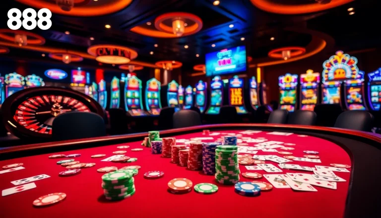 Engaging gameplay scene at 888new casino with vibrant poker and roulette tables.
