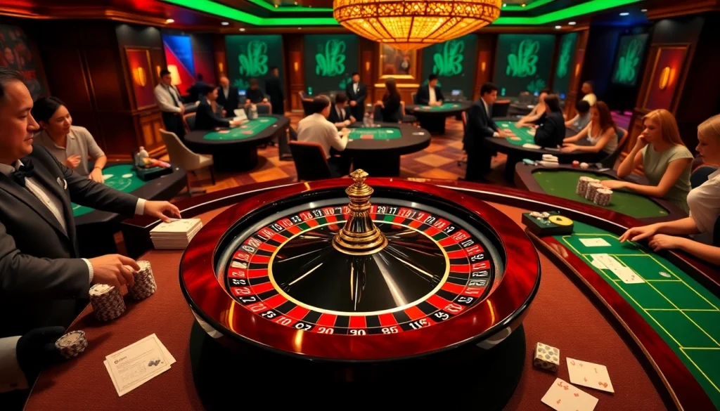 Experience the excitement of MM88 with a vibrant casino scene showcasing roulette, poker, and betting action.