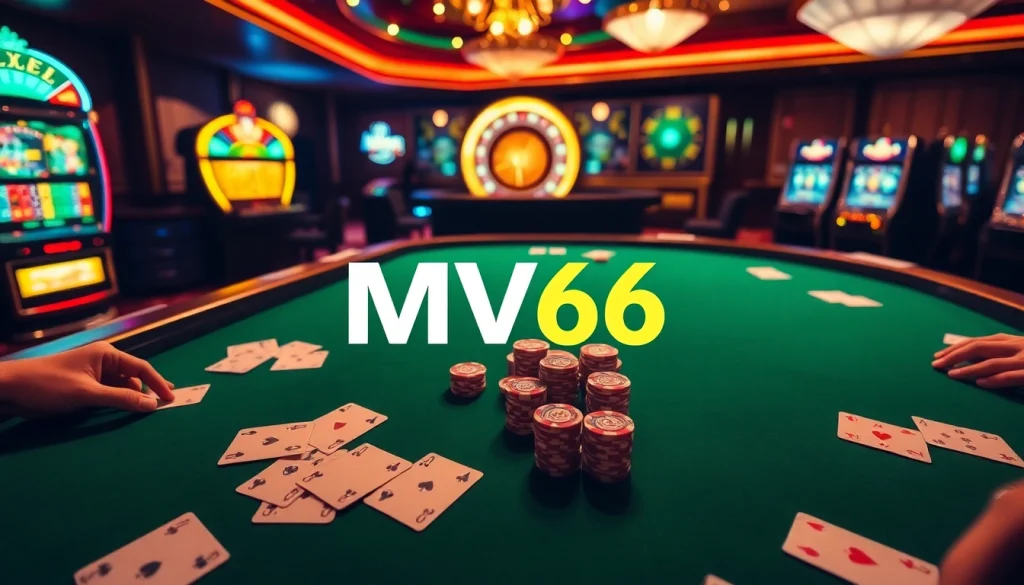 Betting excitement at MV66 casino with poker chips, cards, and roulette.