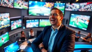 Engaging sports broadcasting scene highlighting a passionate commentator in a high-tech studio.