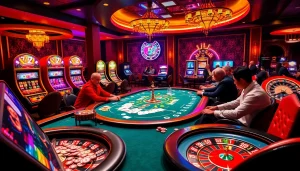 Engaging b52-themed casino scene with players at a poker table and vibrant slot machines.
