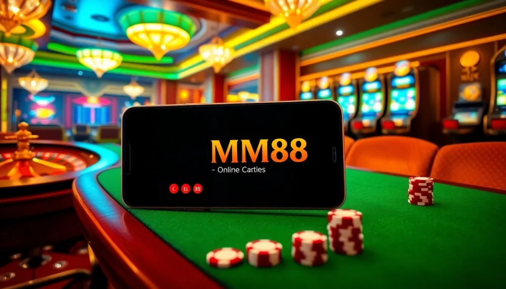 Engaging online gambling scene showcasing MM88 mobile interface among casino elements like poker chips and roulette.