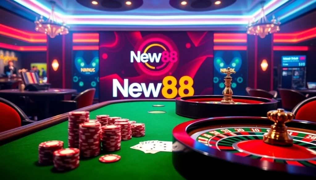 Engaging casino scene showcasing poker chips and cards at nhà cái NEW88 gaming table.