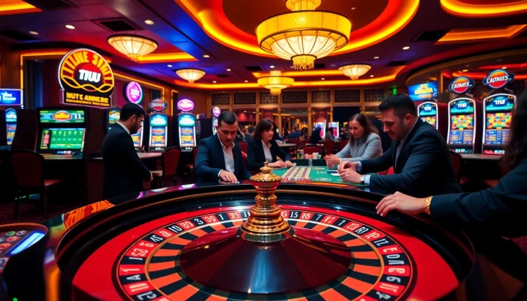 Experience thrilling gameplay of 11UU at an elegant casino, showcasing lively gambling moments.