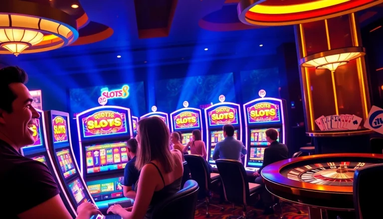 SLOTS8 vibrant casino setting with excited players at slot machines and roulette table.
